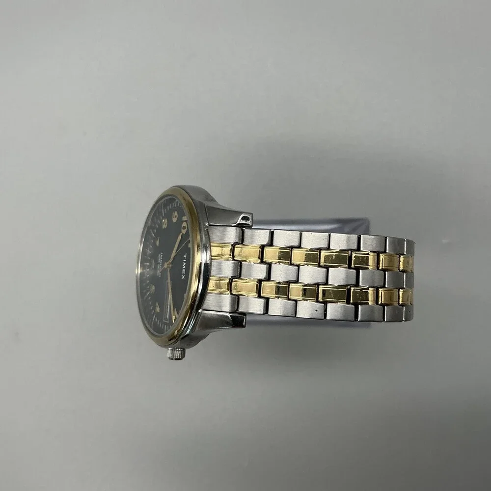 Timex Indiglo Mens Watch 35mm Black Dial Two Tone Bracelet Day Date New Battery